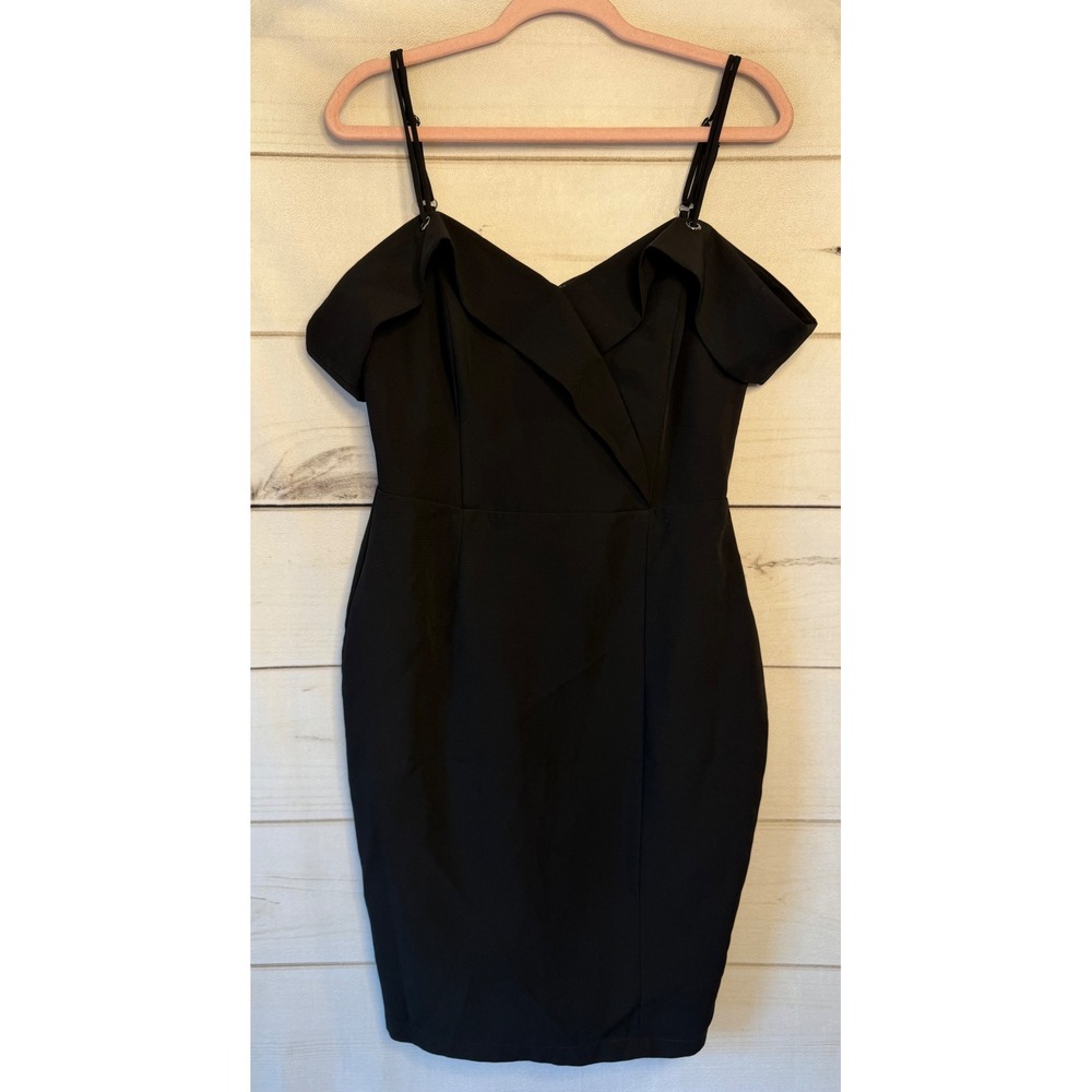 Adelyn Rae Black Cold Shoulder Sheath Dress V-Neck Ruffle Cocktail LBD Medium